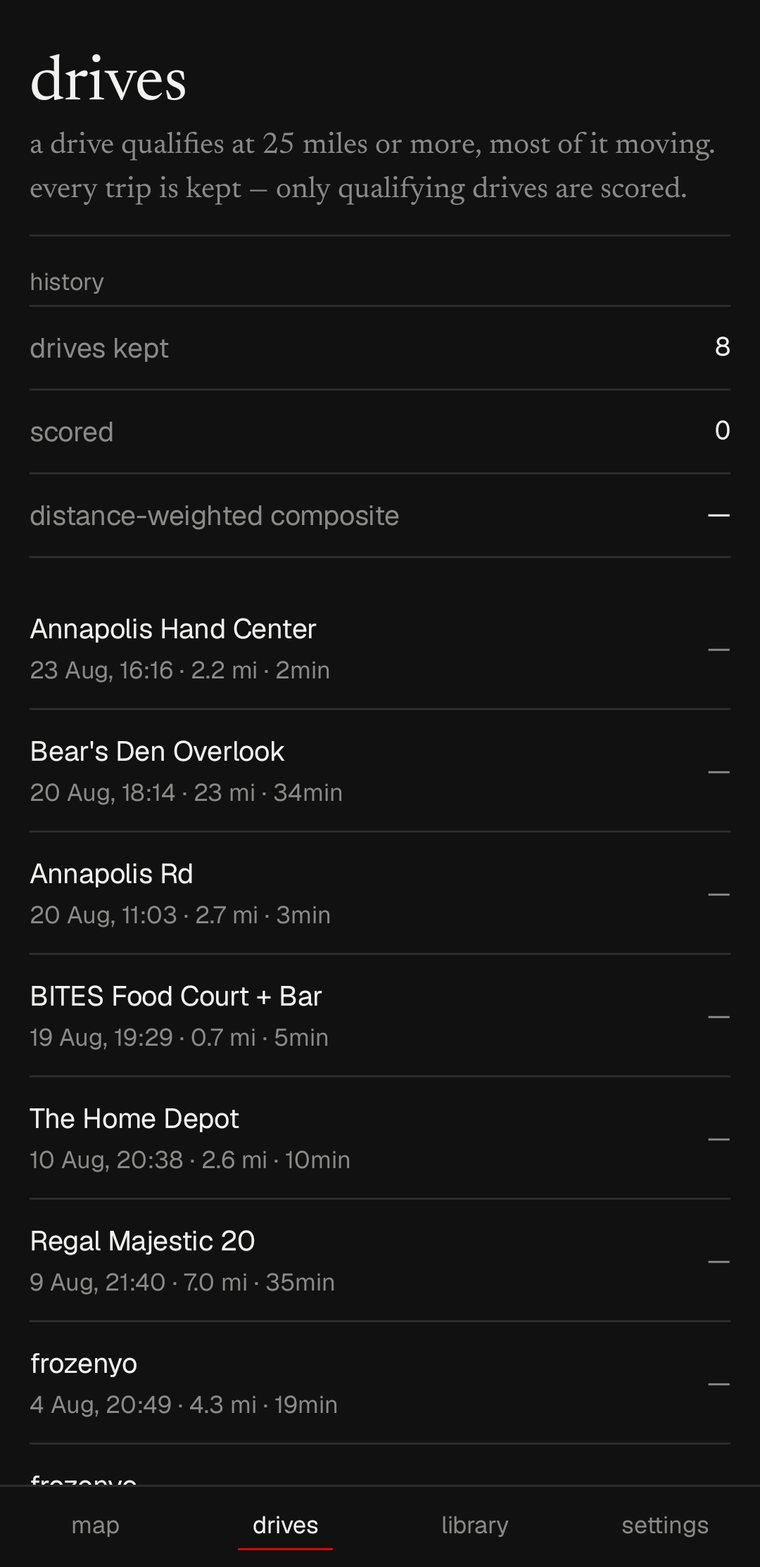 the drives list showing every kept drive with its date, distance and time