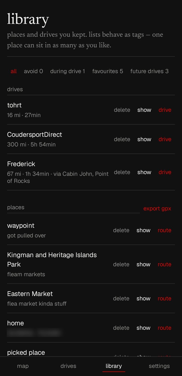 the library showing saved routes with their distances and a list of saved places