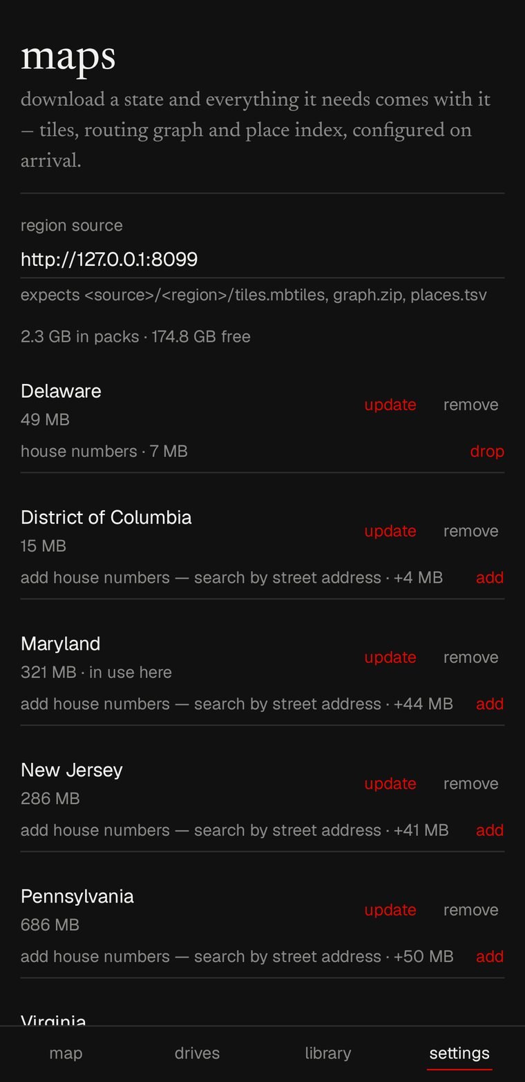 the maps screen listing the installable regions with their sizes