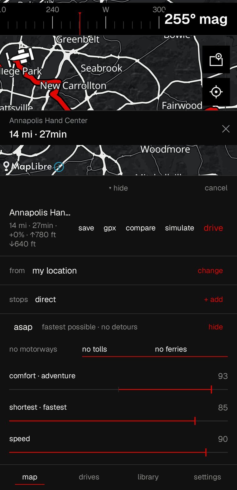 the route preview panel showing distance, time, climb and descent, with the constraint switches and the routing sliders below